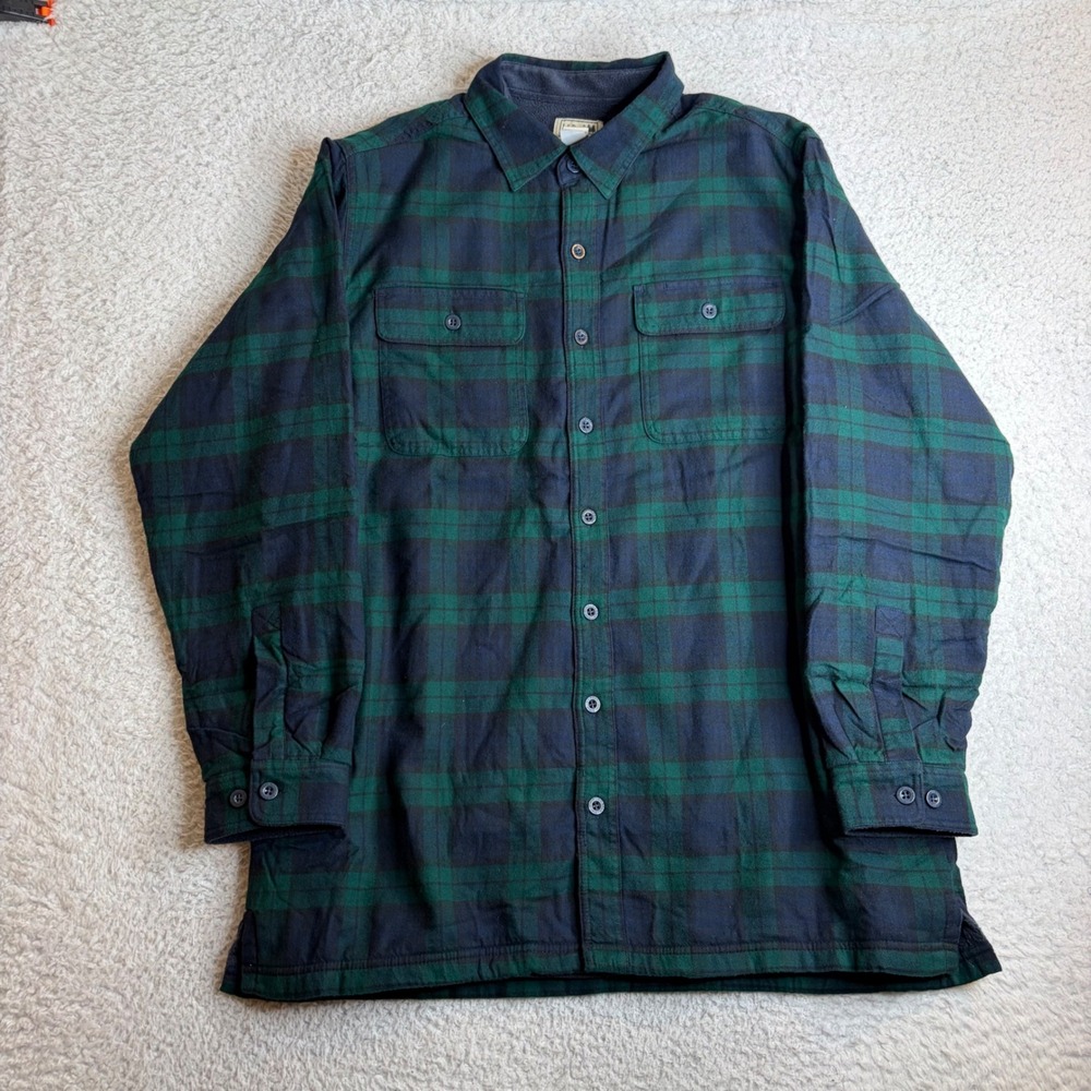 LL Bean Mens Fleece Lined Flannel Shirt Jacket Black Watch Plaid Green Blue L T